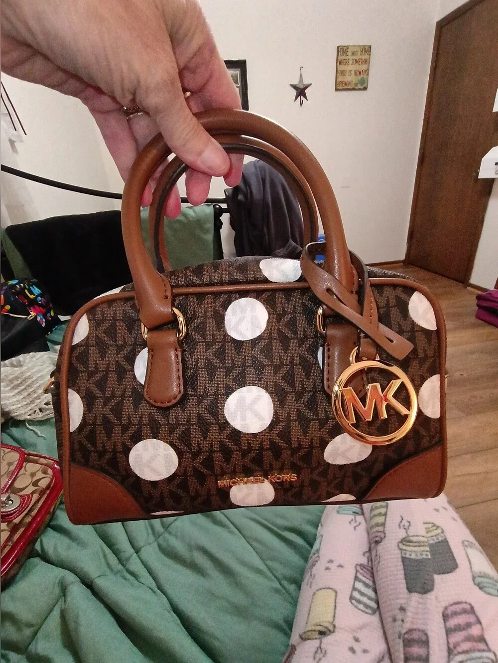 Michael Kors Brown Canvas Polka Dot Satchel with Tan Trim